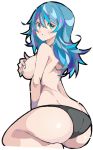  1girl ass black_panties blue_eyes blue_hair byleth_(fire_emblem) byleth_(fire_emblem)_(female) covering covering_breasts enpe fire_emblem fire_emblem:_three_houses from_side highres looking_back open_mouth panties simple_background solo underwear white_background 