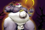  2020 alp_(tas) balls belly clothing cute_fangs english_text flaccid fur genitals giant_panda hat headgear headwear hi_res humanoid_hands humanoid_penis lakalando male mammal moobs night nipples obese outside overweight overweight_male penis purple_body purple_fur text tokyo_afterschool_summoners ursid video_games white_body white_fur 