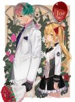  1boy 1girl black_gloves black_skirt blonde_hair bouquet bow breasts brown_hair closed_eyes closed_mouth collared_shirt facial_mark flower formal frilled_skirt frills gloves green_hair hair_bow highres holding holding_bouquet isshiki_(ffmania7) jacket joe_rikiichi long_hair long_sleeves looking_at_viewer medium_breasts multicolored_hair necktie nijisanji pants pink_flower pink_hair pink_rose pink_shirt print_neckwear purple_neckwear red_bow red_eyes red_flower red_rose rose shirt skirt smile suit takamiya_rion twintails two-tone_hair very_long_hair virtual_youtuber white_jacket white_pants 