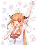  1girl ahoge arm_up blush collarbone dragon_girl dragon_horns fangs hairband highres hololive horns joker_oowo kiryuu_coco long_hair open_mouth orange_hair print_shirt red_eyes shirt simple_background skin_fangs solo stretch t-shirt upper_body virtual_youtuber white_shirt yawning 