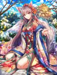  1girl animal_ears bangs blue_sky brown_eyes closed_mouth day eyebrows_visible_through_hair fox_ears fox_tail interitio japanese_clothes kimono long_hair long_sleeves looking_at_viewer outdoors reaching_out shiny shiny_hair silver_hair sky smile solo sparkle tail tenka_touitsu_chronicle very_long_hair wide_sleeves 