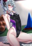 1girl andouyu arms_behind_back ball blurry competition_swimsuit covered_nipples depth_of_field drill_hair dutch_angle fang flat_chest long_hair mat one-piece_swimsuit original silver_hair skin_fang solo swimsuit traffic_cone twin_drills twintails wavy_mouth yellow_eyes 