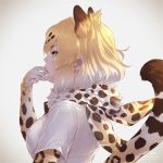  1girl animal_ears animal_print blonde_hair elbow_gloves extra_ears eyebrows_visible_through_hair from_side fur_scarf gloves hand_on_own_chin hand_up jaguar_(kemono_friends) jaguar_ears jaguar_print jaguar_tail kemono_friends lips looking_afar multicolored_hair print_gloves print_neckwear profile scarf shirt short_hair sidelocks signature solo tail takami_masahiro thinking two-tone_hair watermark web_address white_hair white_shirt yellow_eyes 