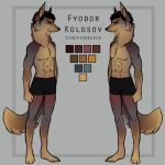  1:1 abs anthro athletic bottomwear canid canine canis clothed clothing fyodor_kolosov hannsthemanns male mammal model_sheet solo standing topless wolf 