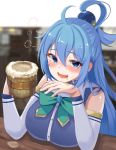  1girl absurdres ahoge aqua_(konosuba) aqua_hair beer_mug blue_eyes blurry blurry_background blush bow bowtie breasts detached_sleeves dress drinking drooling drunk eyebrows_visible_through_hair foam green_neckwear hair_bobbles hair_ornament hair_rings highres indoors kono_subarashii_sekai_ni_shukufuku_wo! large_breasts long_hair looking_at_viewer open_mouth r.nw sitting solo sweat upper_body 