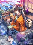  1girl bangs barefoot black_hair blurry_foreground bow bracelet cat closed_mouth collarbone day eyebrows_visible_through_hair flower hair_between_eyes hair_bow hair_flower hair_ornament haori interitio japanese_clothes jewelry kimono lens_flare long_hair long_sleeves onsen orange_bow orange_ribbon outdoors ponytail purple_eyes purple_ribbon red_flower ribbon shiny shiny_hair sid_story sitting smile soaking_feet solo sparkle striped striped_bow very_long_hair water white_flower winter 