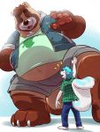  2020 3:4 anthro belly bottomwear brown_body brown_fur canid canine clothing duo eclipsewolf fur hi_res hoodie humanoid_hands macro male mammal mephitid overweight overweight_male pants raccoon_dog shirt shorts skunk tanuki topwear 