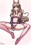  1girl artist_name belt bra brown_eyes brown_hair closed_mouth dated elbow_gloves fingerless_gloves fire_emblem fire_emblem_awakening full_body gloves hair_ornament long_hair mina_cream panties simple_background sitting solo spread_legs sumia underwear 