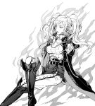  1girl aura belt cup dark_aura drinking_straw fire_emblem fire_emblem_awakening gloves greyscale grima_(fire_emblem) holding hood hood_down monochrome robin_(fire_emblem) robin_(fire_emblem)_(female) simple_background solo t_misaomaru twintails white_background 