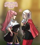  2girls artist_name belt blush breast_envy cape closed_mouth edelgard_von_hresvelg english_text fire_emblem fire_emblem:_three_houses from_side garreg_mach_monastery_uniform gloves hair_ribbon highres hilda_valentine_goneril kinkymation long_hair long_sleeves looking_at_breasts multiple_girls open_mouth pink_eyes pink_hair red_cape red_legwear ribbon thighhighs twintails uniform wavy_mouth white_gloves white_hair 