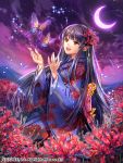  1girl :d back_bow bangs black_hair blue_kimono blunt_bangs bow bug butterfly crescent_moon eyebrows_visible_through_hair field floating_hair floral_print flower flower_field hair_ribbon insect interitio japanese_clothes kimono long_hair long_sleeves looking_up moon night open_mouth pink_bow print_kimono purple_sky red_eyes red_flower red_ribbon ribbon seisen_cerberus shiny shiny_hair smile solo very_long_hair wide_sleeves 