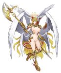  1girl angel angel_wings armor blonde_hair blue_eyes boots closed_mouth commentary english_commentary feathered_wings full_body gauntlets hair_over_one_eye halo highres holding holding_weapon long_hair looking_at_viewer maritan_(pixelmaritan) metal_boots multiple_wings navel nipples nude one_eye_covered original polearm pussy seraph shoulder_armor simple_background solo spaulders standing standing_on_one_leg very_long_hair weapon white_background white_wings wings 