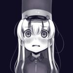  1girl bangs black_background blush boa_(brianoa) character_request copyright_request eyebrows_visible_through_hair greyscale hat horror_(expression) jacket long_hair monochrome scared shako_cap simple_background solo wavy_mouth wide-eyed zipper 