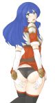  1girl armor ass back black_panties blue_eyes blue_hair blush butt_crack caeda_(fire_emblem) curvy dress embarrassed eyebrows_visible_through_hair fire_emblem fire_emblem:_shadow_dragon fire_emblem_heroes gloves hair_between_eyes hand_on_ass hand_on_own_ass highres light_blush long_hair looking_at_viewer looking_back open_mouth panties parted_lips red_dress short_sleeves solo standing standing_on_one_leg thighhighs thighs transparent_background tridisart underwear white_gloves 