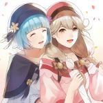  2girls aym_(ash3ash3ash) blue_hair bow braid brown_eyes brown_hair closed_eyes faye_(fire_emblem) fire_emblem fire_emblem_echoes:_shadows_of_valentia fire_emblem_heroes flower hair_bow hat long_hair multiple_girls open_mouth petals short_hair silque_(fire_emblem) simple_background twin_braids upper_body 