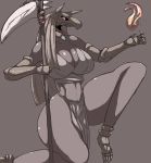 anthro big_breasts breasts cleavage clothed clothing collar female fire hi_res inumatori loincloth melee_weapon polearm scythe simple_background solo thick_thighs weapon 