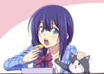  1girl blue_eyes blue_jacket blush bow cat copyright_request eating eyebrows_visible_through_hair food_request hair_bow holding ishii_hisao jacket long_sleeves open_clothes open_jacket plaid_jacket purple_hair red_bow shirt solo upper_teeth white_shirt 