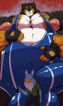  3:5 anthro avian balls belly bernese_mountain_dog big_balls big_belly big_bulge big_penis blush bobert bodily_fluids bulge canid canine canis chest_tuft clothing domestic_dog erection fingerless_gloves genitals gloves grin gryphon handwear hi_res huge_balls huge_bulge huge_penis hyper hyper_balls hyper_bulge hyper_genitalia hyper_penis looking_at_another male mammal molosser mountain_dog musclegut muscular nipples penis psychedelicshark size_difference smile sweat swiss_mountain_dog tuft 
