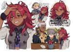  +_+ 2boys 2girls absurdres ashe_ubert blonde_hair blue_hairband closed_eyes closed_mouth constance_von_nuvelle dark_skin dark_skinned_male dedue_molinaro fan fire_emblem fire_emblem:_three_houses from_side funyanrinpa garreg_mach_monastery_uniform green_eyes grey_hair hairband hapi_(fire_emblem) highres holding hood hood_down long_sleeves medium_hair multiple_boys multiple_girls open_mouth plant potted_plant red_eyes red_hair short_hair short_sleeves uniform white_hair 