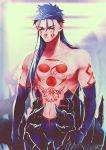  1boy bare_chest blue_hair bodysuit chest_tattoo closed_eyes cowboy_shot cu_chulainn_(fate)_(all) cu_chulainn_alter_(fate/grand_order) earrings elbow_gloves facial_mark fate/grand_order fate_(series) gloves hair_down highres jewelry long_hair male_focus nishiyama_(whatsoy) pectorals shoulder_tattoo solo standing tattoo 