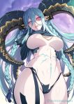  1girl aqua_hair braid breasts commentary_request demon_girl fate/grand_order fate_(series) gloves highres horns large_breasts long_hair long_horns looking_down pink_eyes pointy_ears pubic_tattoo stomach_tattoo striped striped_gloves symbol-shaped_pupils tattoo tiamat_(fate/grand_order) zeroshiki_kouichi 
