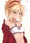  1girl artist_name bandeau bangs bare_shoulders beige_background blonde_hair braid breasts cleavage cleavage_cutout collarbone commentary darahan eyebrows_visible_through_hair eyelashes fate/apocrypha fate/grand_order fate_(series) frown gradient gradient_background green_eyes hair_ornament hair_scrunchie jacket jewelry long_hair long_sleeves looking_at_viewer midriff mordred_(fate) mordred_(fate)_(all) navel necklace off_shoulder open_clothes open_jacket ponytail red_jacket red_scrunchie scrunchie sidelocks small_breasts solo stomach strapless tubetop upper_body white_background 