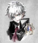  1boy blue_eyes charles_henri_sanson_(fate/grand_order) fate/grand_order fate_(series) grey_hair high_collar koshika_rina male_focus necktie portrait solo spiked_hair white_hair 