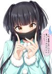  1girl banned_artist black_hair black_mask_(clothing) cape fingernails fingers highres idolmaster idolmaster_shiny_colors looking_at_viewer mayuzumi_fuyuko mirai_(macharge) portrait solo speech_bubble straylight_(idolmaster) surgical_mask two_side_up winter_clothes yellow_eyes 