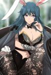  1girl alternate_costume animal_ears artist_name blue_eyes blue_hair breasts bunny_ears byleth_(fire_emblem) byleth_(fire_emblem)_(female) cleavage closed_mouth detached_collar fire_emblem fire_emblem:_three_houses highres large_breasts omiza_somi pantyhose smile solo 