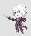  1boy antonio_salieri_(fate/grand_order) ascot black_gloves chibi coattails dagger fate/grand_order fate_(series) formal gloves hinoe_(right-hnxx03) holding holding_weapon jewelry male_focus necklace pinstripe_suit red_eyes sheath solo striped suit weapon white_hair 