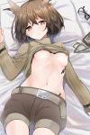  1girl amai_nekuta arknights bed_sheet belt black_bra bra bra_lift breasts brown_eyes brown_hair brown_shorts clothes_lift commentary_request crystal eyewear_removed glasses hand_up highres long_sleeves looking_at_viewer lying navel nipples on_back owl_ears pillow ribbed_sweater semi-rimless_eyewear short_hair shorts silence_(arknights) small_breasts solo sweatdrop sweater sweater_lift turtleneck turtleneck_sweater under-rim_eyewear underwear 