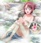  1girl :d barefoot breasts collarbone commentary_request full_body hanadera_nodoka hanzou healin&#039;_good_precure highres navel nude onsen open_mouth partially_submerged pink_eyes precure rabirin_(precure) red_hair short_hair sitting small_breasts smile steam water wet 