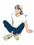  1boy backwards_hat baseball_cap blue_hair casual cu_chulainn_(fate)_(all) cu_chulainn_(fate/prototype) fate/prototype fate_(series) floral_print hat indian_style long_hair male_focus nishiyama_(whatsoy) ponytail red_eyes shirt shoes sitting sneakers solo t-shirt 