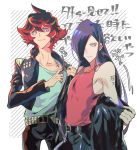  2boys adjusting_clothes black_jacket blue_hair gueira hair_over_one_eye hinoe_(right-hnxx03) jacket leather leather_jacket long_hair male_focus meis_(promare) multiple_boys off_shoulder open_clothes open_jacket promare red_eyes red_hair shoulder_tattoo tattoo undressing 