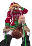  2018 absurd_res anthro ball_tuft balls biped bodily_fluids boon_digges bottomless bow christmas clothed clothing genital_fluids genitals gynomorph hair hair_over_eye hat headgear headwear hi_res holidays humanoid_penis hyaenid intersex legwear looking_at_viewer low-angle_view mammal one_eye_obstructed partial_nudity penis precum pubes ribbons santa_hat simple_background solo spotted_hyena stockings sweater topwear tuft uncut vicioustyrant white_background yellow_eyes 