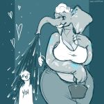  &lt;3 1:1 ambiguous_gender anthro big_breasts blue_and_white breasts clothed clothing danji-isthmus duo elephant elephantid female fully_clothed mammal monochrome proboscidean size_difference tattoo trunk tusks water 