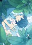  1boy blue_eyes blue_hair collared_shirt expressionless highres leaf looking_at_viewer lying original paper pink_string plant sheet_music shirt short_hair short_sleeves solo string white_shirt yutsukidayo 