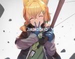  1girl ^_^ animal_ears arknights blonde_hair blue_gloves bow_(weapon) closed_eyes commentary crossbow facing_viewer finger_to_mouth gloves green_shirt hair_ornament hairclip holding holding_bow_(weapon) holding_weapon id_card jacket kroos_(arknights) lanyard long_hair open_clothes open_jacket rainmood romaji_text shirt smile solo upper_body v weapon 