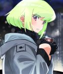  1boy blush can canned_coffee coat gloves green_hair holding holding_can jacket lio_fotia looking_at_viewer male_focus mittens ns1123 open_mouth promare purple_eyes scarf short_hair solo 