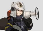  1girl arknights black_gloves brown_eyes brown_hair cero_(last2stage) firefighter gloves grey_background helmet highres megaphone open_mouth shaw_(arknights) simple_background solo squirrel_tail sweatdrop tail teeth 