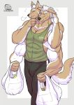  anthro bottomwear bulge canid canine canis clothing groceries grocery_bags hi_res male mammal multi_arm multi_head multi_limb pants shirt soendapuss solo tank_top topwear wolf 