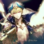  1boy bare_chest blonde_hair circlet collar earrings fate/grand_order fate_(series) gilgamesh gilgamesh_(caster)_(fate) highres jewelry koshika_rina male_focus red_eyes shoulder_tattoo solo tattoo 