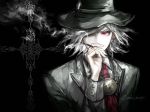  1boy ascot cigarette edmond_dantes_(fate/grand_order) fate/grand_order fate_(series) fedora hat hat_over_one_eye koshika_rina red_eyes smoking solo wavy_hair white_hair 