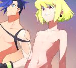  2boys blue_eyes blue_hair earrings galo_thymos green_hair hands_on_hips jewelry lio_fotia male_focus multiple_boys ns1123 open_mouth pants promare purple_eyes shirtless short_hair smile spiked_hair 