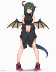  1girl bangs bare_legs black_jacket black_shirt blush breasts closed_mouth commentary_request crop_top denim denim_shorts dragon_girl dragon_horns dragon_tail dragon_wings full_body green_hair highres horns jacket long_hair long_sleeves medium_breasts midriff navel off_shoulder open_mouth original pigeon-toed red_footwear shirt shoes short_shorts shorts signature simple_background sleeveless sleeveless_shirt slit_pupils sneakers solo standing tail taut_clothes taut_shirt white_background wings wozora yellow_eyes 