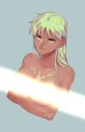  1girl archer blush breasts brown_eyes covering covering_breasts crossed_arms cum cum_on_body cum_on_breasts cum_on_upper_body dark_skin fate/stay_night fate_(series) genderswap genderswap_(mtf) green_hair large_breasts light_censor long_hair nishiyama_(whatsoy) solo topless white_hair 