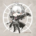  1boy :&gt; :q blue_eyes charles_henri_sanson_(fate/grand_order) chibi fate/grand_order fate_(series) high_collar holding holding_sword holding_weapon koshika_rina licking_lips long_coat male_focus one_eye_closed solo sword tongue tongue_out weapon white_hair 