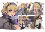  2girls 3boys absurdres blonde_hair blue_eyes blue_hairband brother_and_sister closed_eyes constance_von_nuvelle earrings fan ferdinand_von_aegir fire_emblem fire_emblem:_three_houses from_side funyanrinpa garreg_mach_monastery_uniform hairband highres holding jeritza_von_hrym jewelry long_sleeves lorenz_hellman_gloucester mask mercedes_von_martritz multicolored_hair multiple_boys multiple_girls one_eye_closed open_mouth orange_hair purple_hair short_hair siblings uniform 