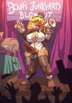  2018 5_fingers 5_toes anthro atryl ball balls_in_panties big_breasts big_penis black_tie_(suit) blonde_hair boon_digges bow_tie breasts brown_body brown_eyes brown_fur brown_nose claws cleavage clothed clothing curtains detailed_background dress_shirt dripping english_text erection fingers full-length_portrait fur genitals gesture glans group gynomorph gynomorph_focus hair hair_over_eye hat headgear headwear hi_res holding_object humanoid_penis hyaenid intersex intersex_focus jacket legwear looking_at_viewer mammal megaphone nipple_outline one_eye_obstructed open_mouth partially_retracted_foreskin pawpads penis pinky_out poking_out portrait pubes sharp_teeth shirt signature solo_focus spots spotted_hyena standing stockings suit teeth text thong toes top_hat topwear torn_clothing uncut underwear 