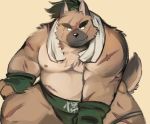  2020 anthro belly brown_body brown_fur canid canine canis cute_fangs domestic_dog fur ginnosuke hi_res male mammal moobs nipples overweight overweight_male simple_background solo sumo tokyo_afterschool_summoners towel video_games yasuyori 